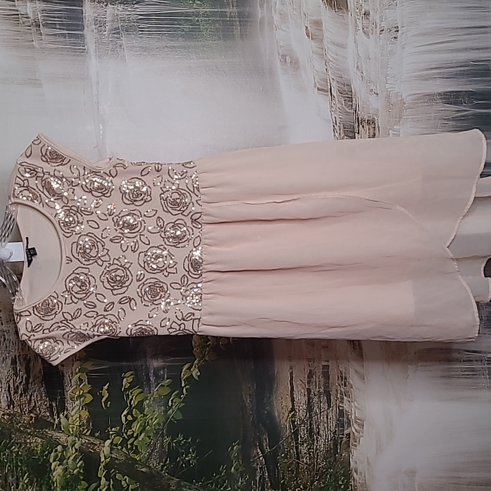 George Girls XL 14 16 fancy sequin floral flowy beige layered short sleeve dress